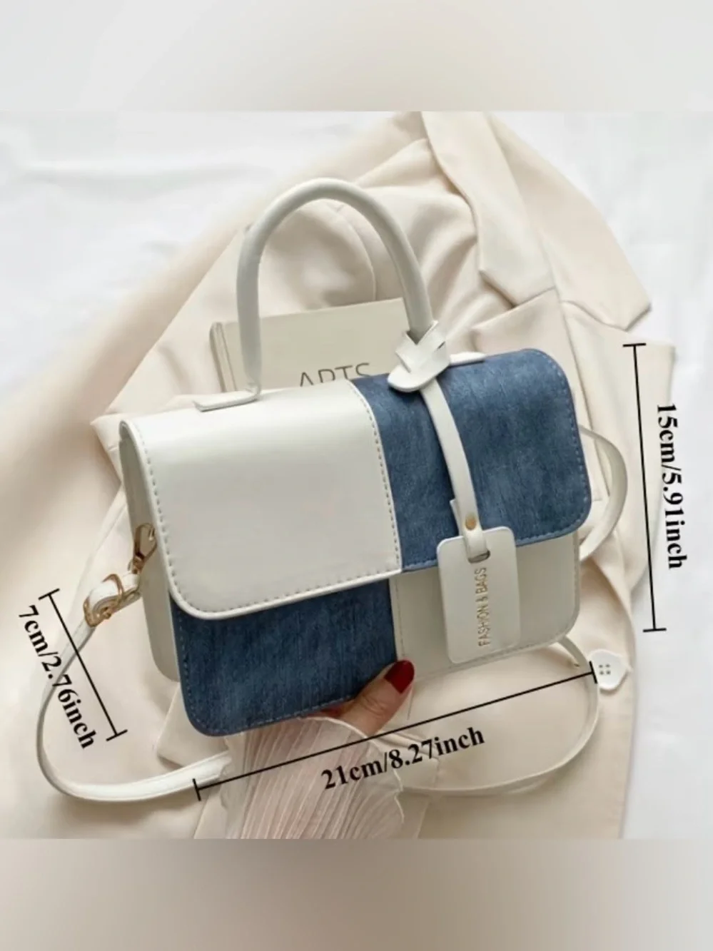Two-Tone White and Denim Patchwork Top-Handle Crossbody Bag